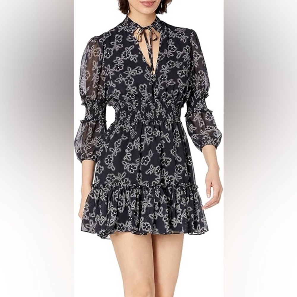 NWOT Likely Rowe Long Sleeve Ruffle Floral Dress in Navy size US10